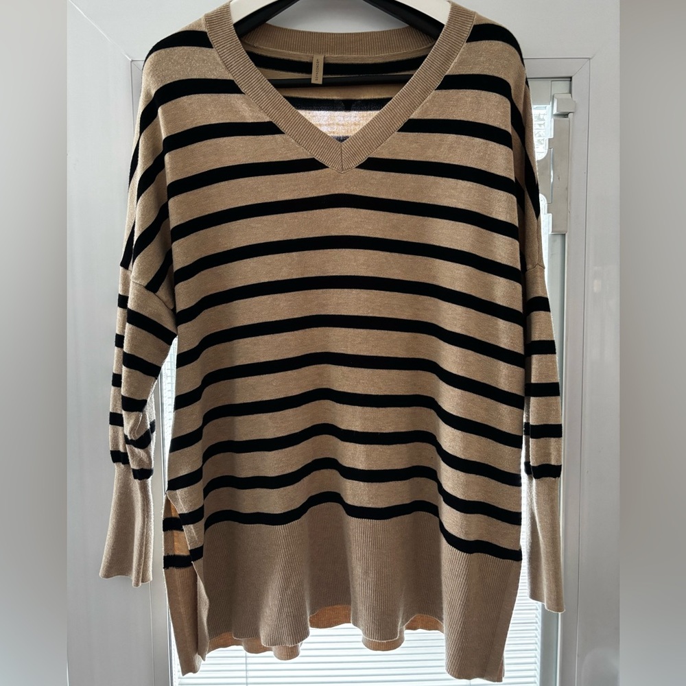 Striped V-Neck Sweater in Beige and Black